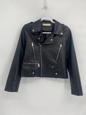 yadanluwa Black Cropped Bomber Motorcycle Jacket M